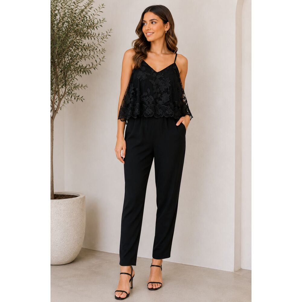 Kobie Halperin NWT Black Lace Cape Overlay Jumpsuit Pockets Size XS